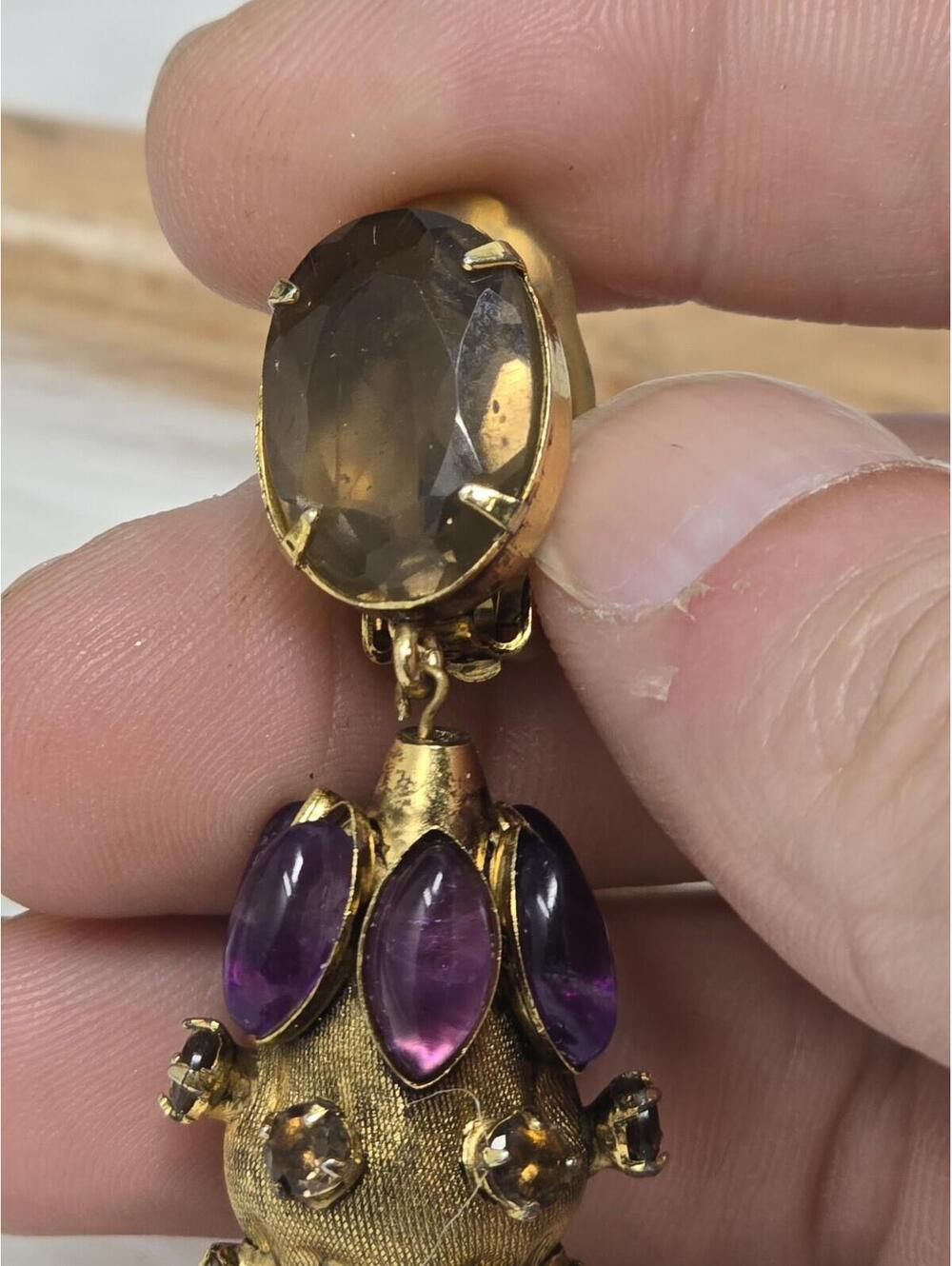 Vintage Amethyst Cabochon Dangle Drop Clip Earrings Estate - Picture 8 of 9
